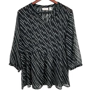 Chicos Size 2 LARGE 14/16 Super Sheer Black White 3/4 Sleeve Blouse Shirt Top